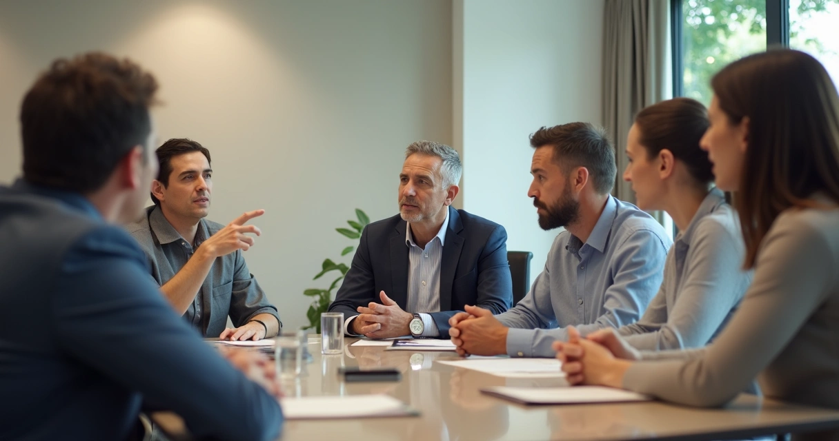 Lively group discussion showing one person cutting off another at a table 