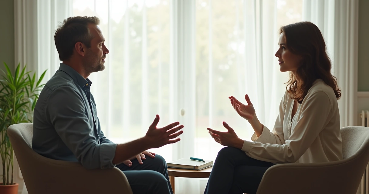 Two people in a calm conversation in a bright room