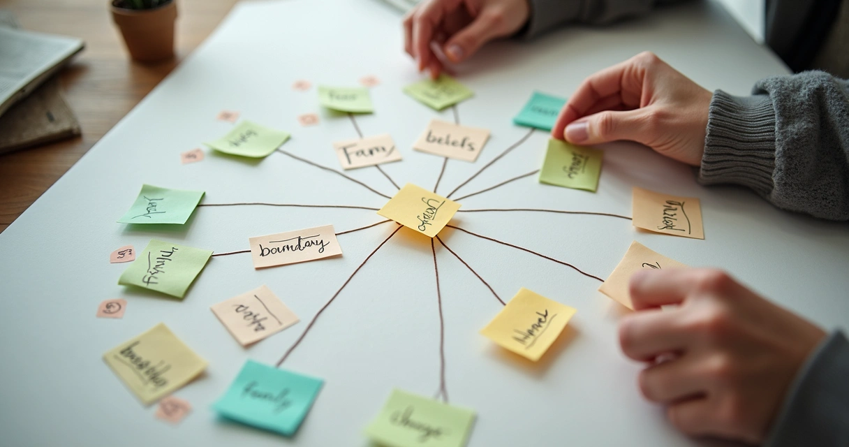 Cards and notes arranged to map a relationship pattern