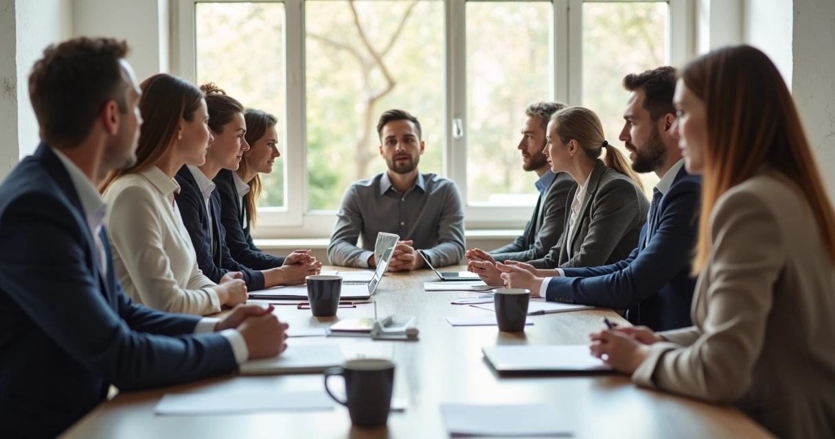 Two small groups sitting facing each other with differing opinions in a modern meeting room 