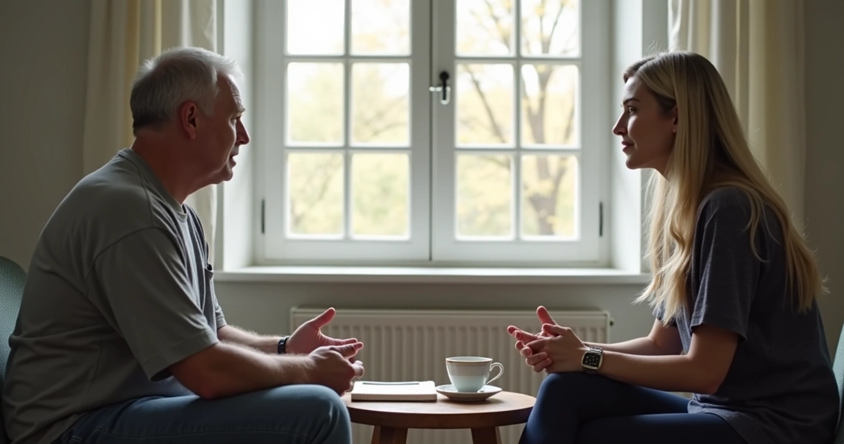 Two people in thoughtful conversation by a window