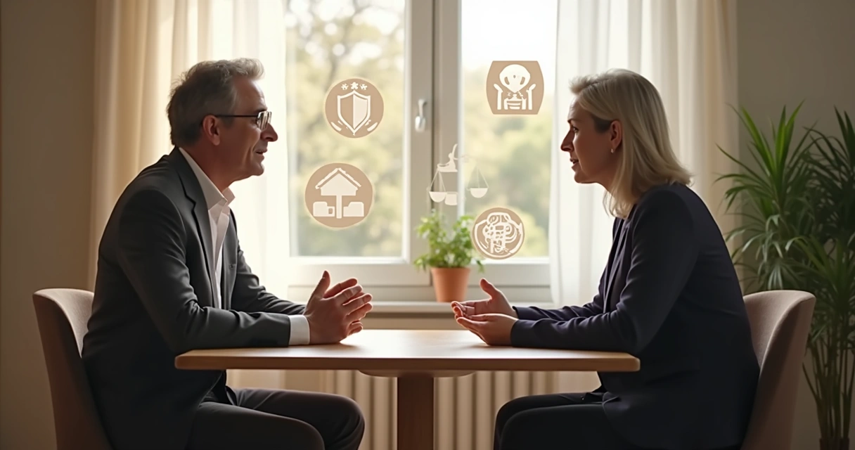 Two people in conversation with contrasting value symbols between them