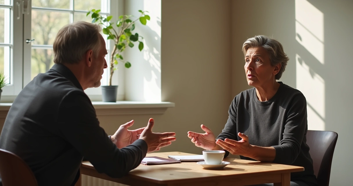 Two people having a calm conversation across a table 