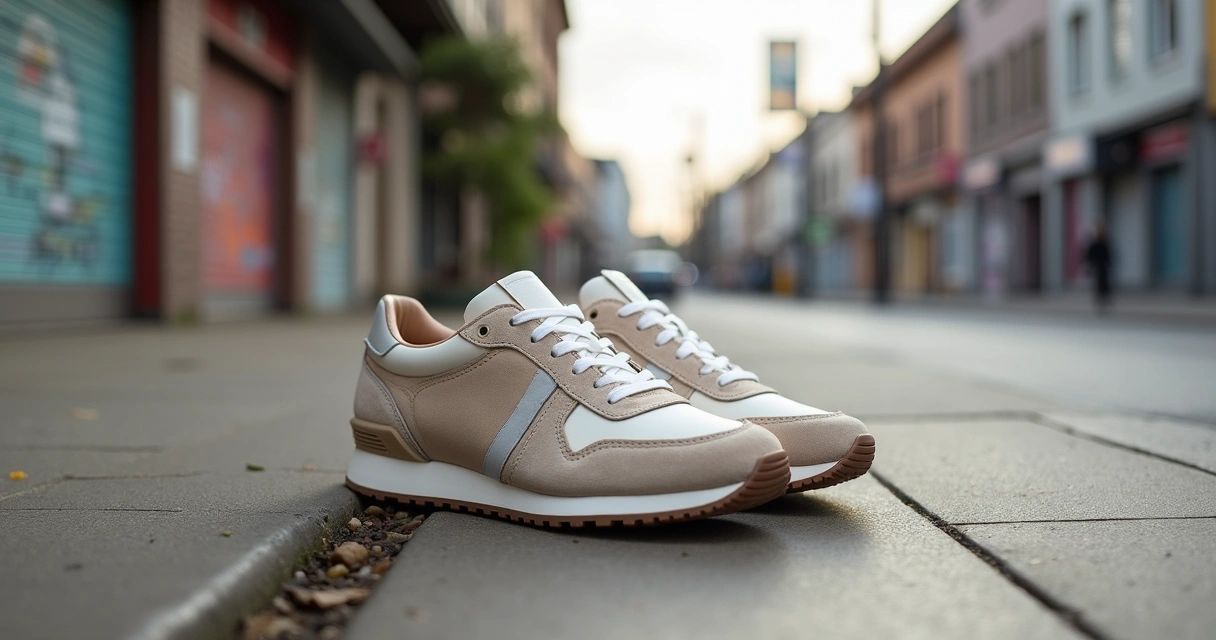 Converse Omega Trainer branco e bege em cenário urbano contemporâneo 