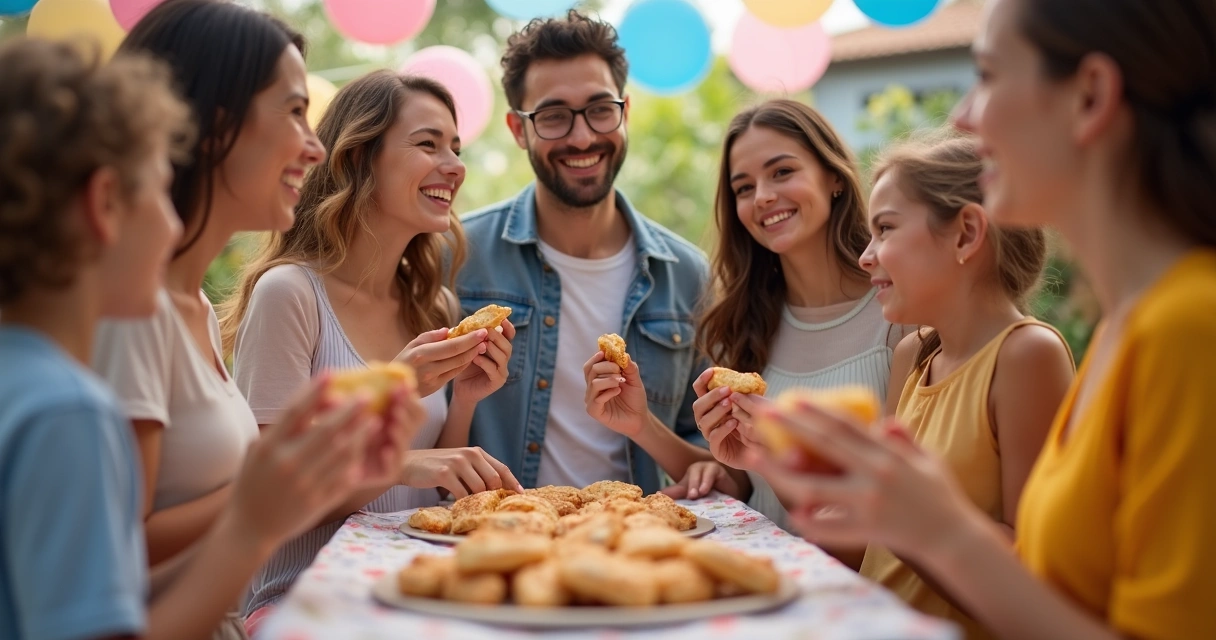 Grupo de brasileiros sorrindo em festa de chá revelação, com crepes na mão 