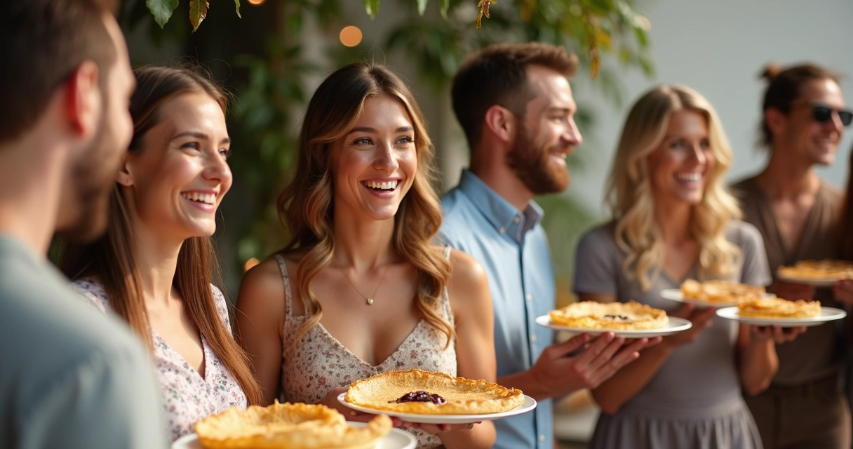 Convidados sorrindo comendo crepes em evento 