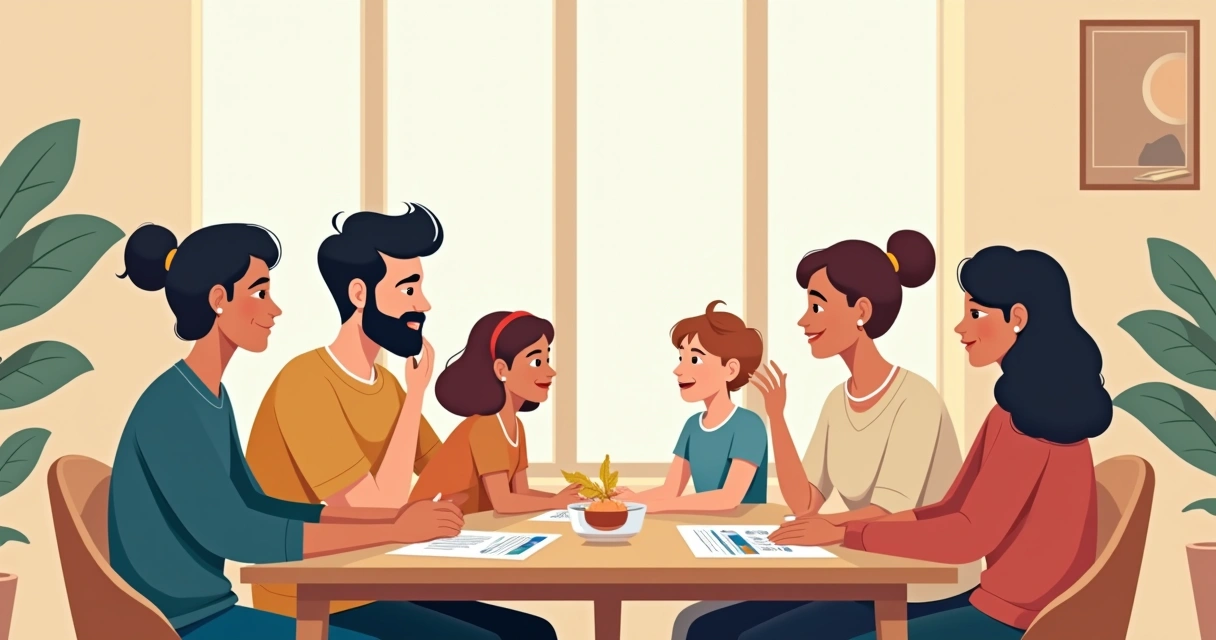Reunião ao redor de uma mesa, família refletindo sobre decisão política 