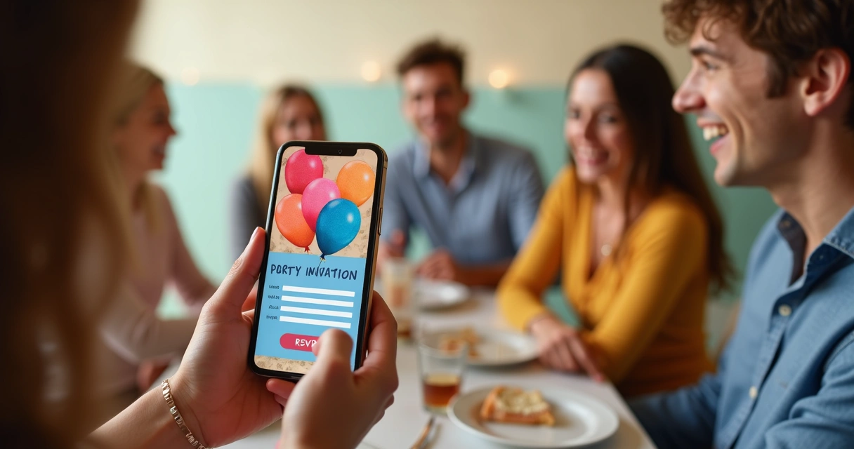 Convite digital colorido exibido em smartphone 