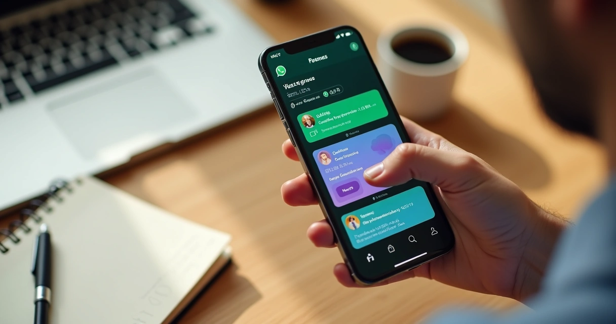 Mão segurando celular com convite de evento aberto no WhatsApp 