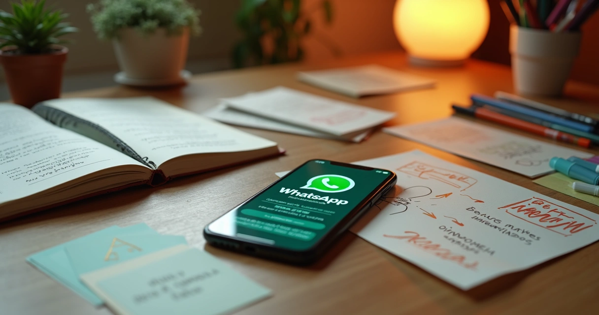 Mesa criativa com celular exibindo convite de WhatsApp ao lado de cartões coloridos 