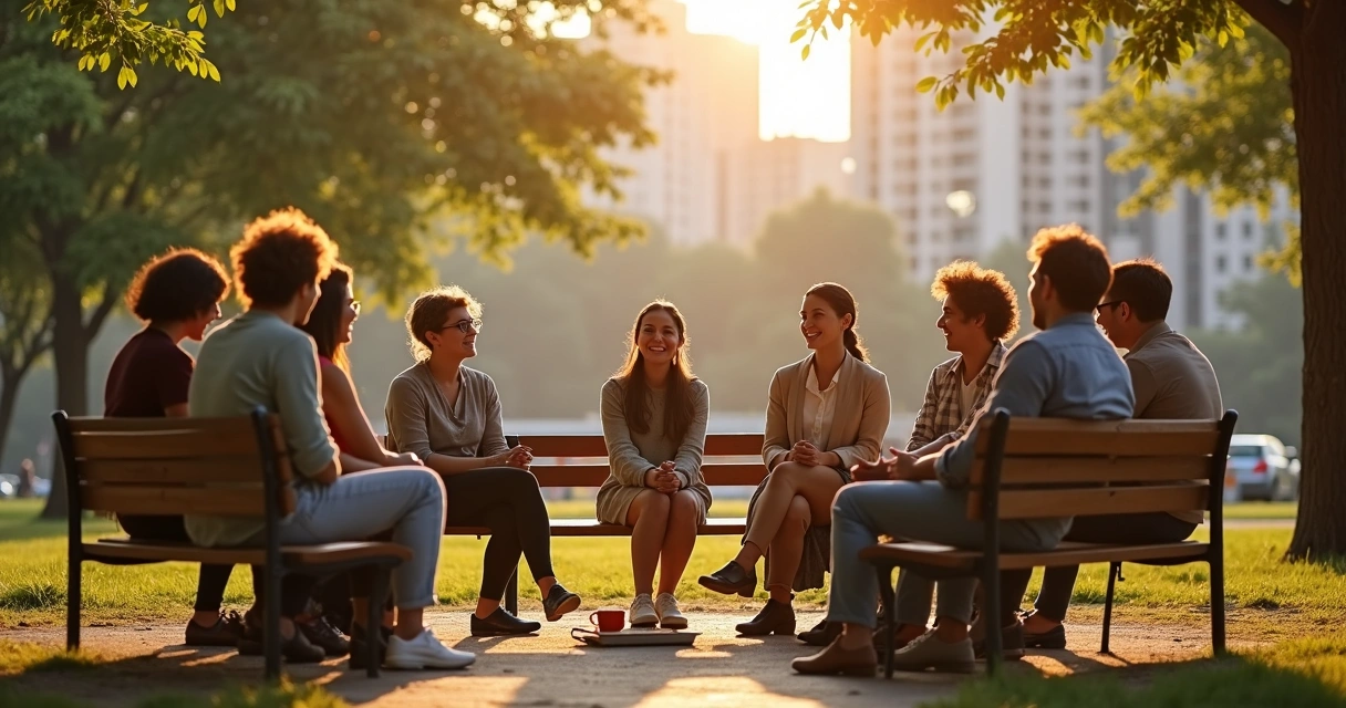 Grupo diverso em roda de conversa em ambiente urbano ao ar livre 