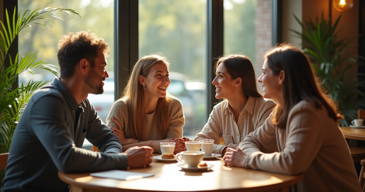 Pessoas sorrindo em um café, conversando de forma tranquila 