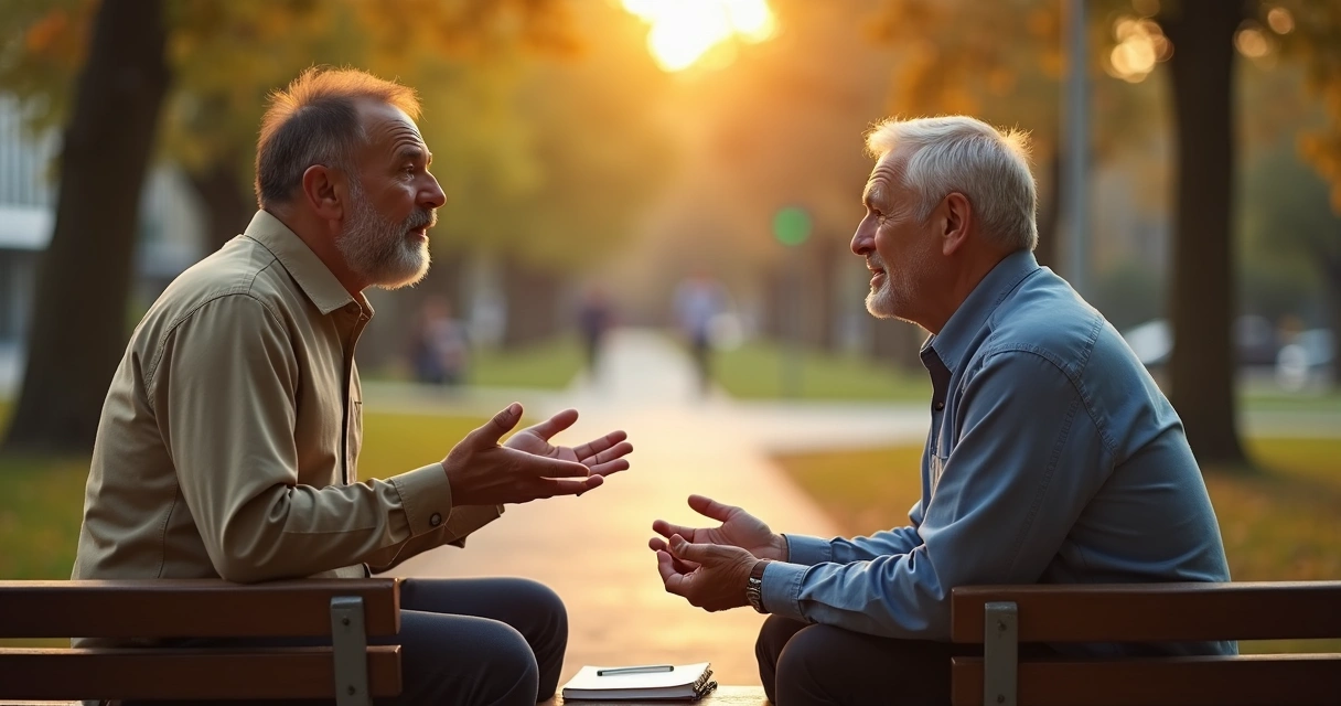 Duas pessoas conversando com calma em um parque urbano ao pôr do sol 