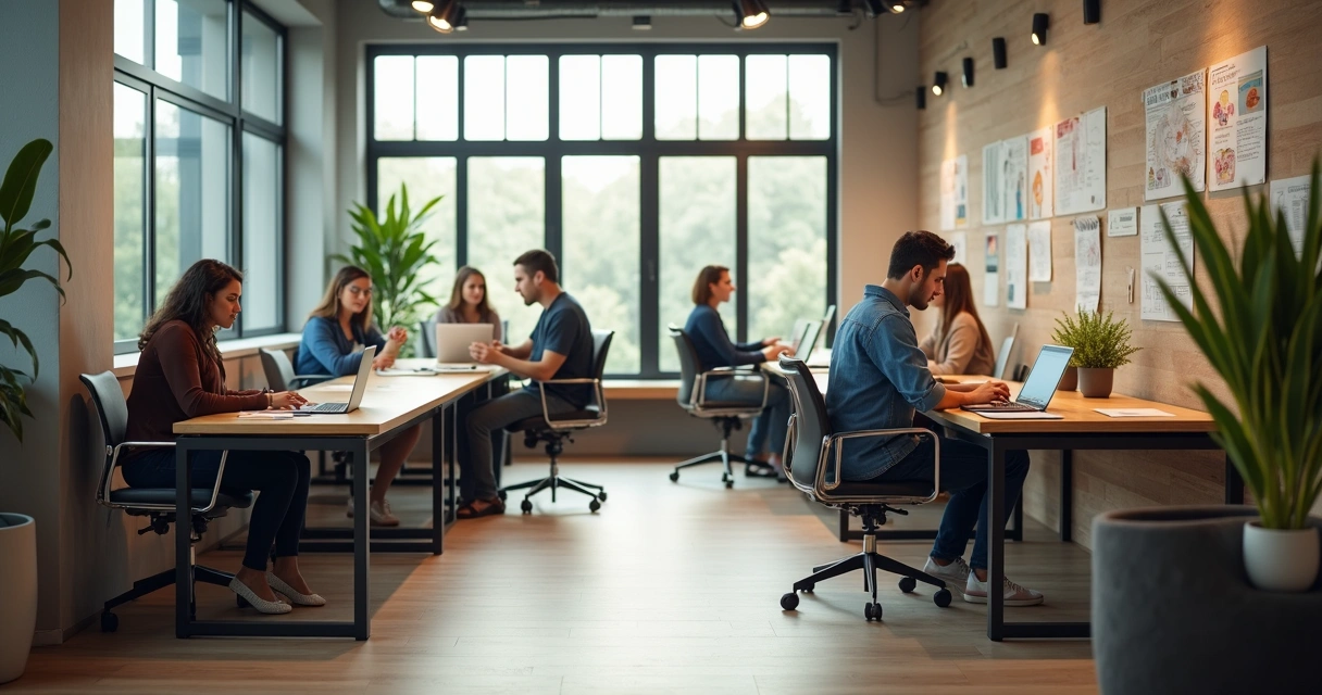 Pessoas trabalhando em coworking com respeito ao espaço comum 