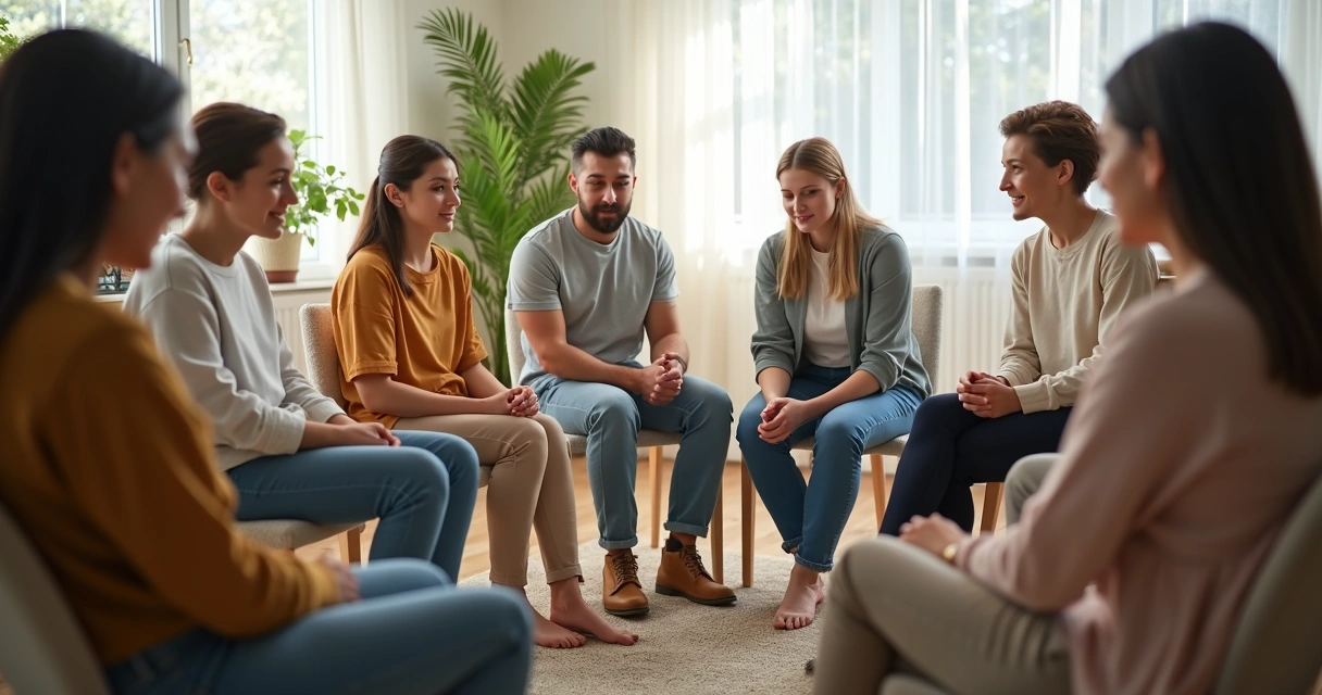 Pessoas sentadas em círculo em ambiente de apoio emocional 