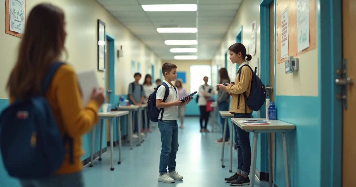 Estudantes convivendo com respeito em corredor escolar 