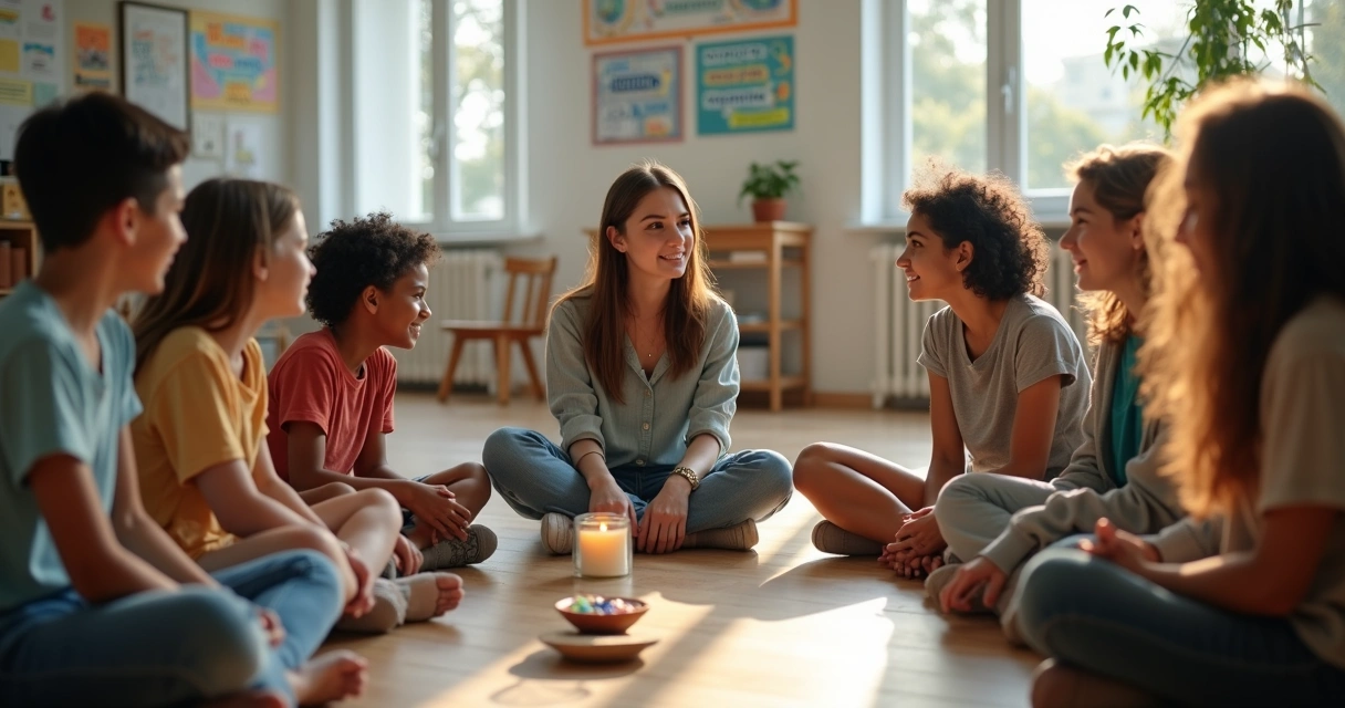 Alunos em roda de conversa com professora em sala de aula acolhedora 