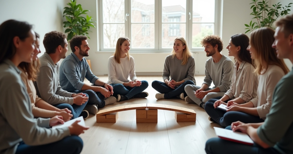 Grupo diverso em círculo superando barreiras com ponte simbólica ao centro 