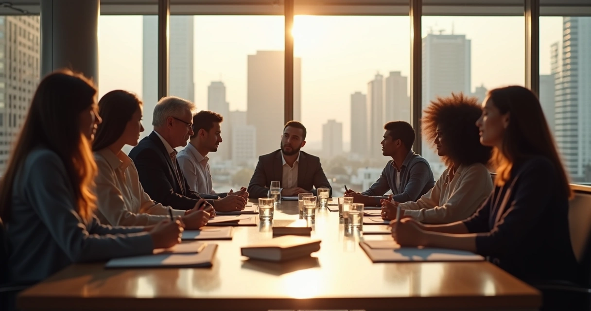 Reunião de pessoas diversas ao redor de mesa em escritório moderno 