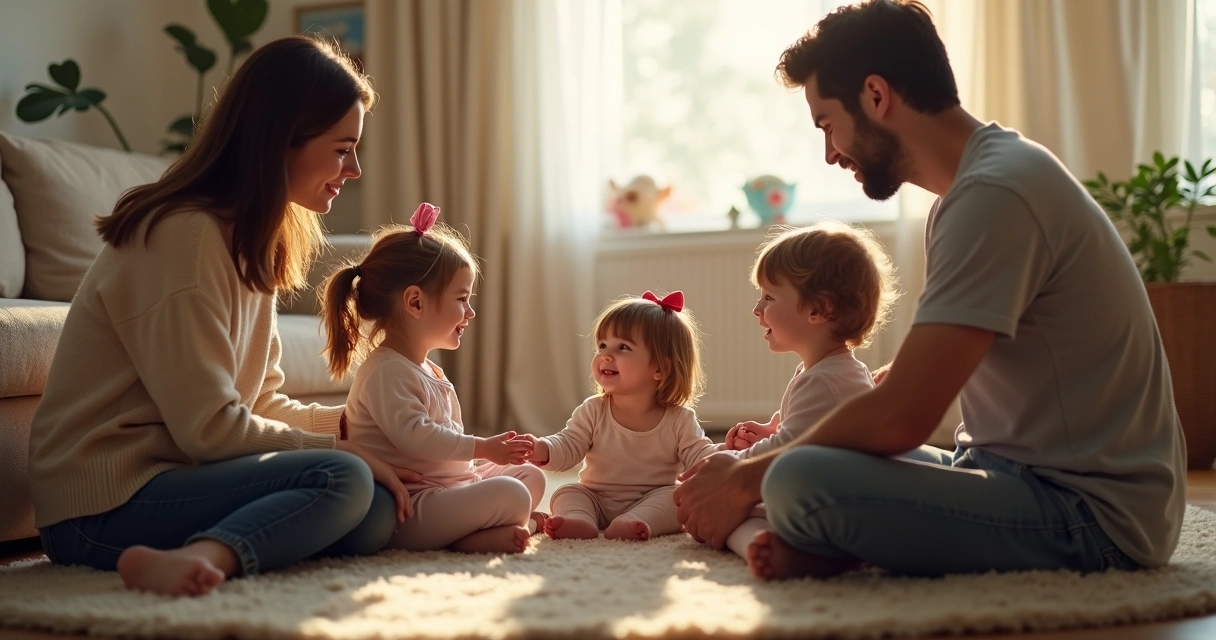 Familia adoptiva sentada en círculo compartiendo emociones juntos 