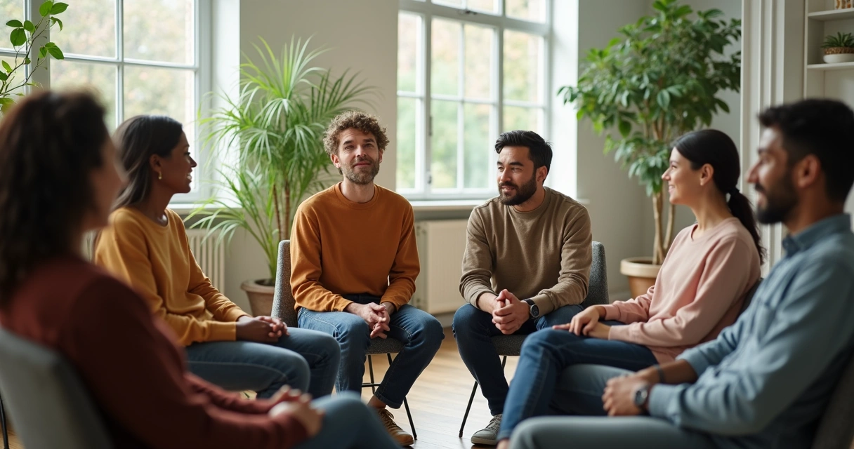 Grupo de pessoas de diferentes idades e origens conversando em círculo em uma sala iluminada 