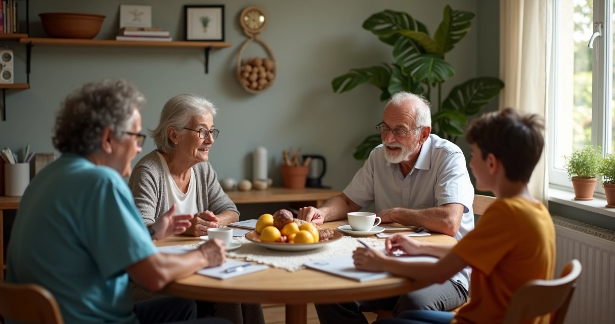 Família de gerações diferentes conversando à mesa 