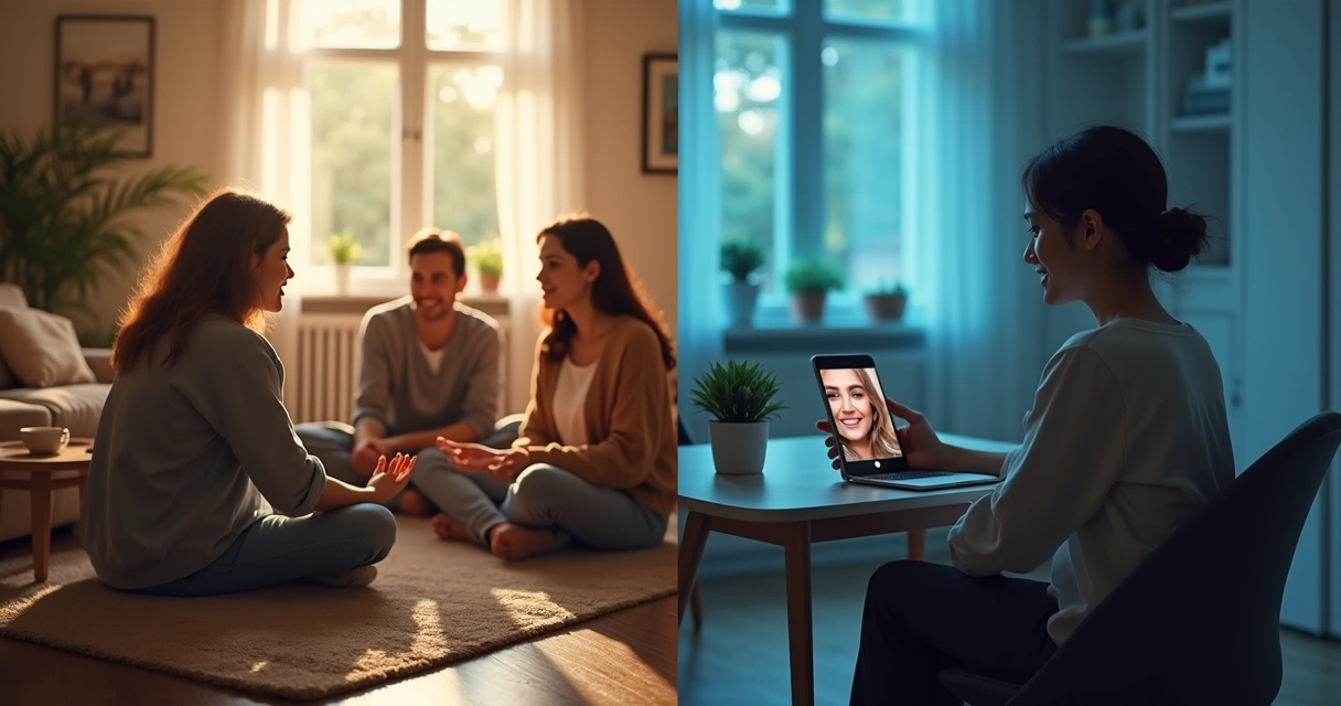 Pessoa dividida entre encontro presencial em grupo e conversa por videochamada no celular 