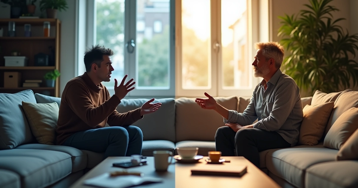 Metade de um casal discutindo e metade em diálogo calmo na mesma sala 