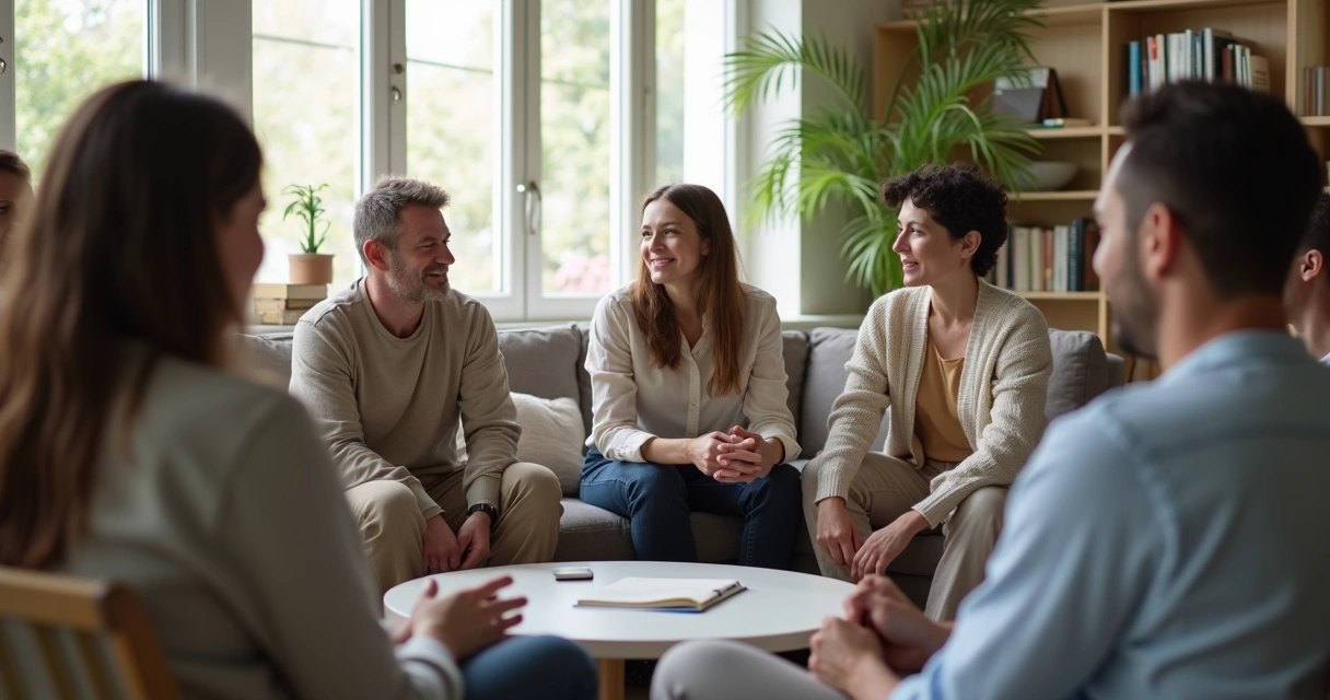 Grupo diverso de pessoas conversando em círculo em ambiente claro e acolhedor 