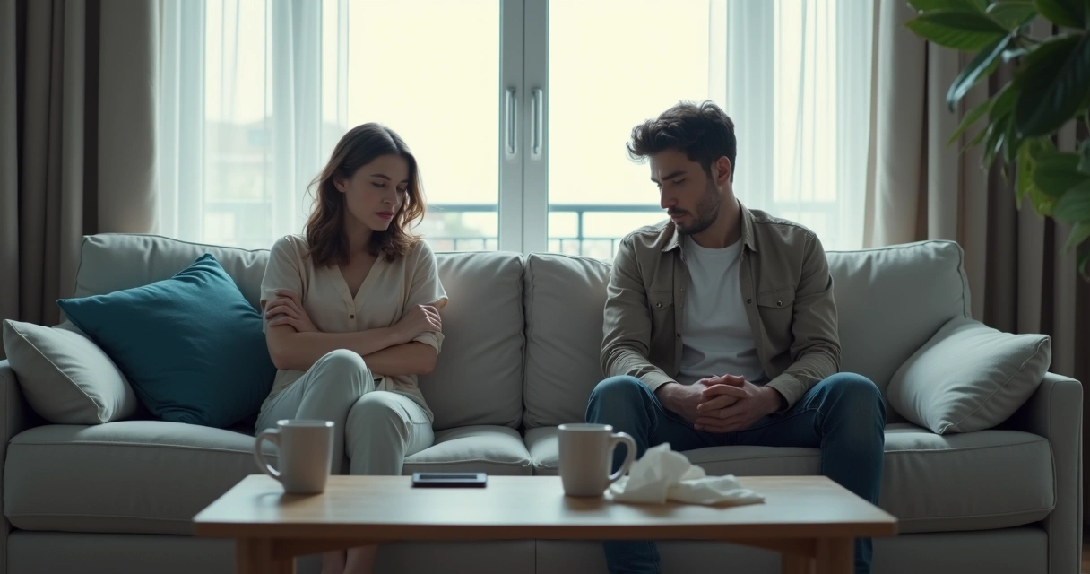 Casal sentado no sofá afastado um do outro em clima de tensão silenciosa 