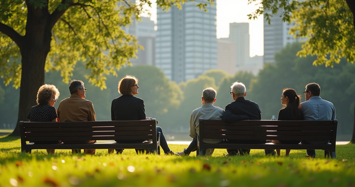 Pessoas conversando em praça arborizada de cidade grande 