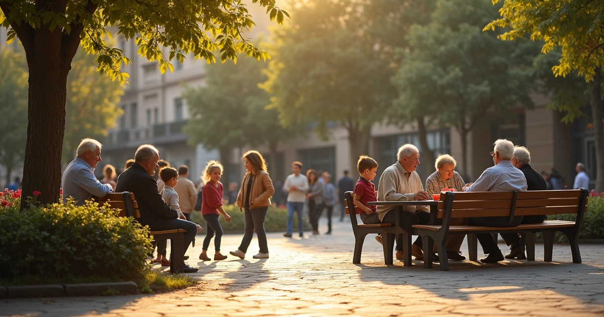 Pessoas reunidas em praça comunitária com convivência intergeracional 