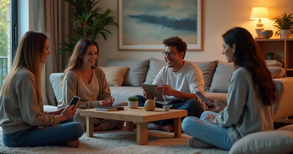 Pessoas em sala aconchegante interagindo com dispositivos digitais de forma equilibrada 