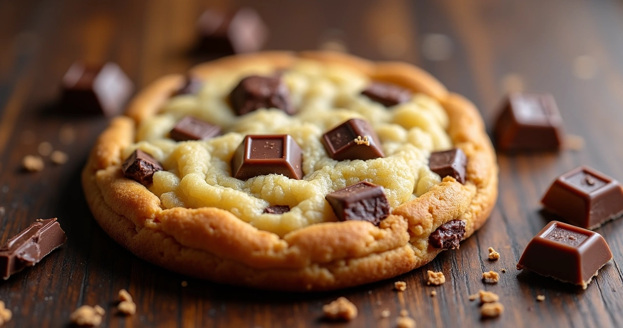 Cookie americano artesanal crocante por fora e macio por dentro sobre superfície rústica com pedaços de chocolate belga ao redor 