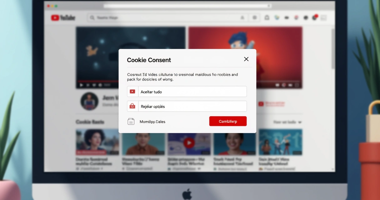 Aviso de cookies na tela do YouTube indicando opções de consentimento e privacidade 