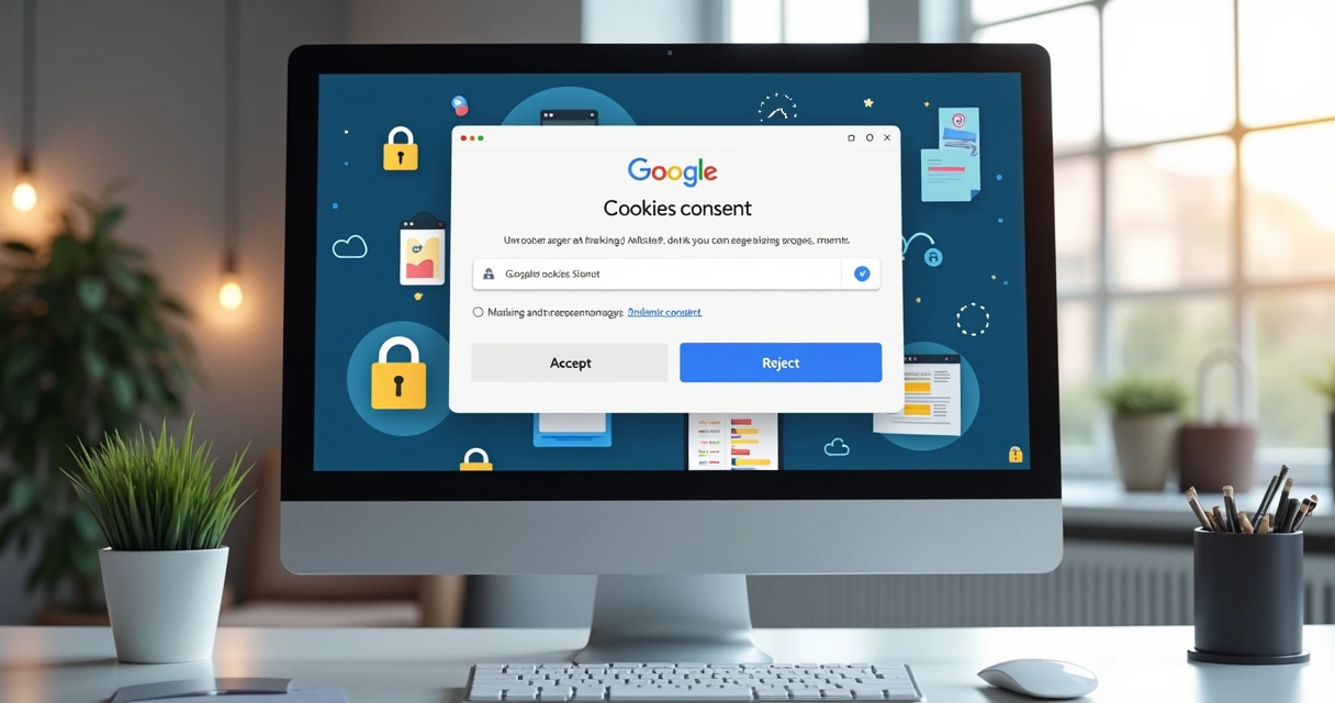 Tela de computador mostrando opções para aceitar ou rejeitar cookies do Google, com ícones de cadeado, gráficos e anúncios digitais ao fundo 