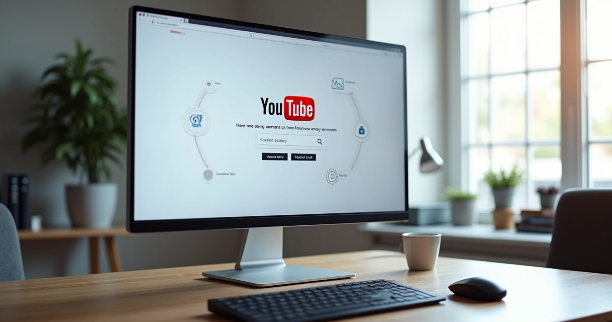 Tela de computador com página do YouTube e ícones de cookies e privacidade em destaque 