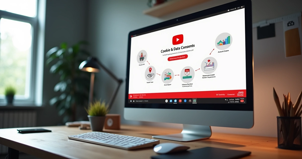 Tela de computador exibindo aviso de cookies e dados do YouTube com ícones de privacidade e anúncios 