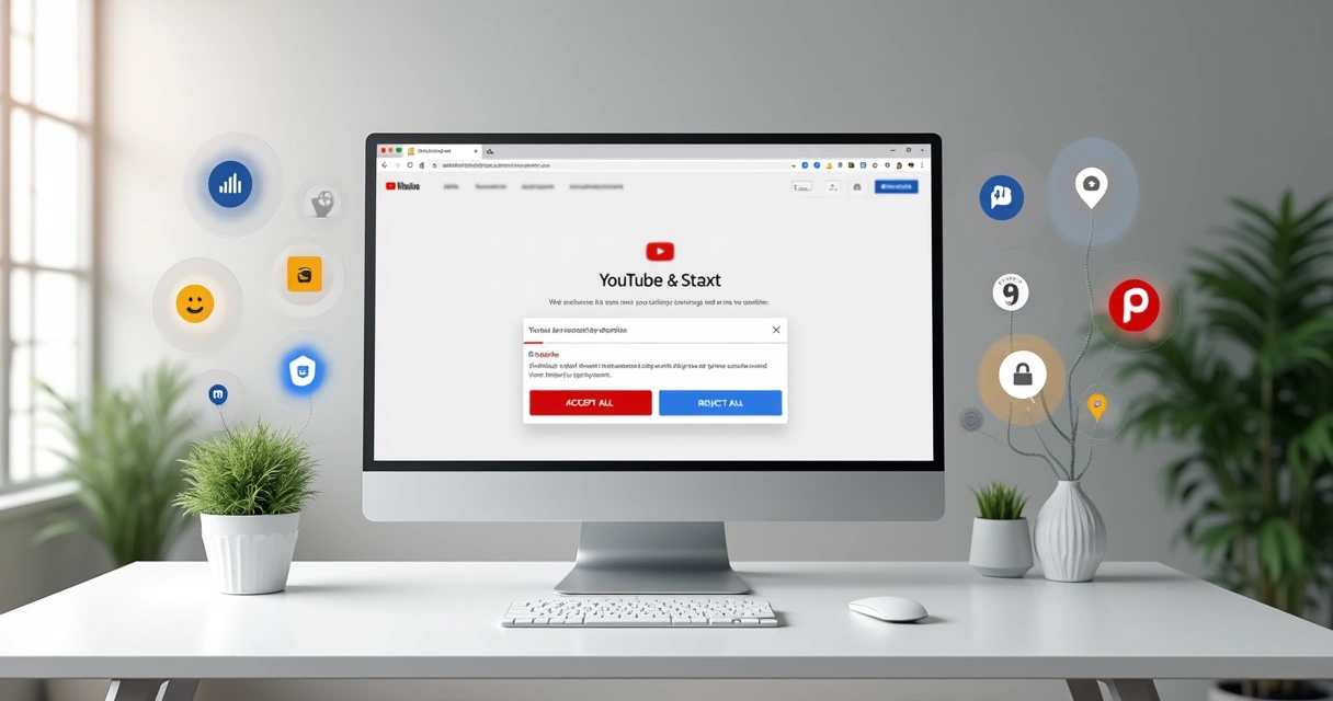 Tela de computador exibindo o YouTube com ícones de cookies e cadeado de privacidade 