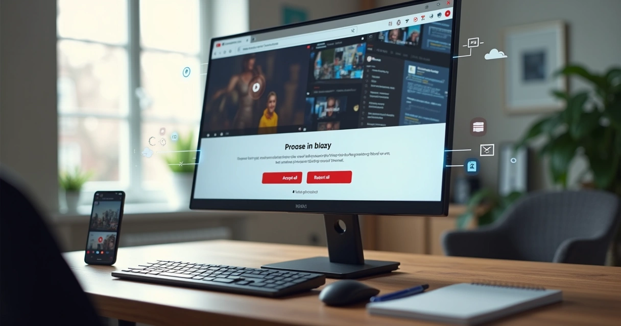 Tela de computador exibindo página do YouTube com aviso de cookies e opções de privacidade 