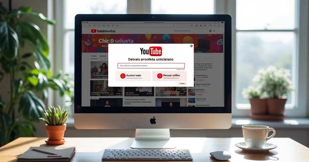 Tela de computador mostrando aviso de cookies e anúncios personalizados no YouTube 