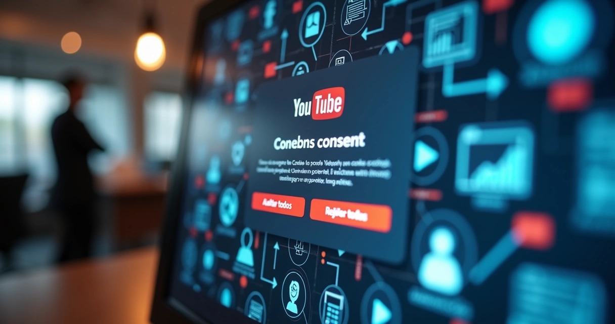 Ilustração digital de navegador exibindo janela de consentimento de cookies do YouTube com ícones de cookies e anúncios ao redor 