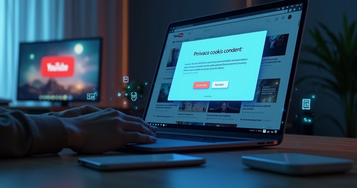 Tela do YouTube com aviso de cookies e anúncios personalizados no computador de um usuário 