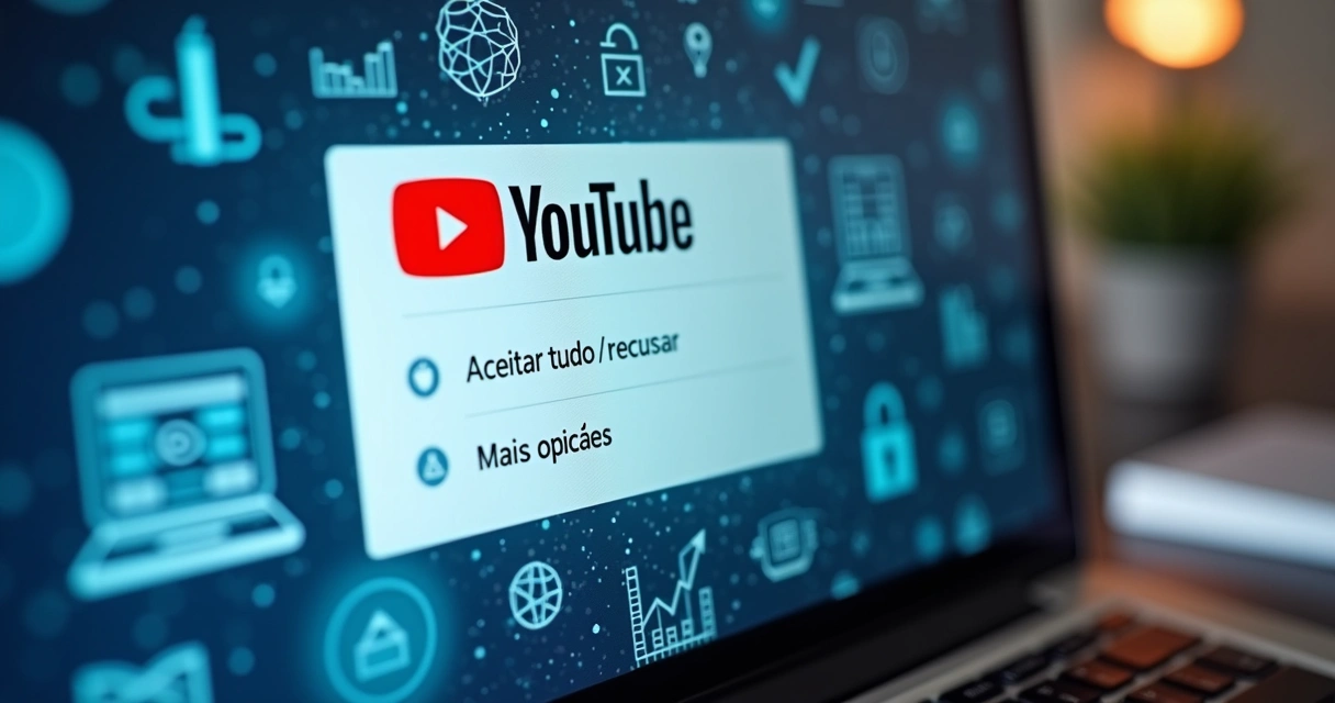 Tela do YouTube exibindo aviso sobre uso de cookies e personalização de dados com ícones digitais ao fundo 