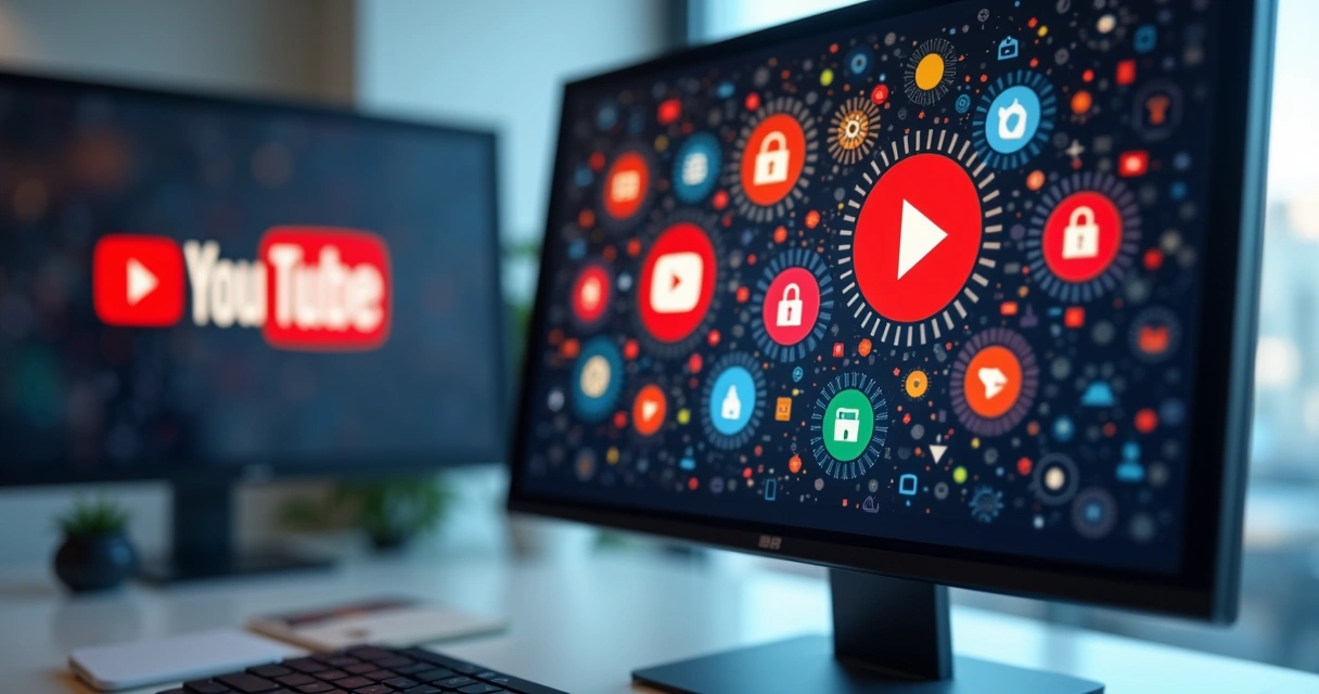 Ilustração detalhada de tela de computador exibindo ícones de cookies e privacidade com logo do YouTube ao fundo 