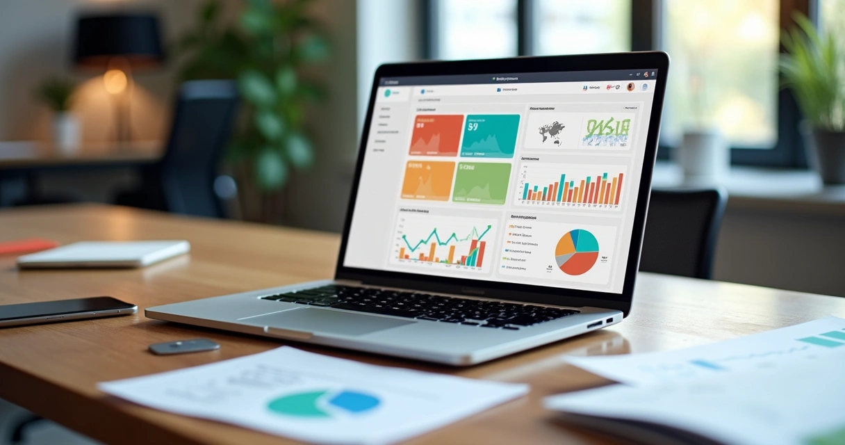 Mesa com laptop aberto mostrando gráficos de cookies e publicidade digital. No fundo, elementos visuais de dados e anúncios segmentados. 