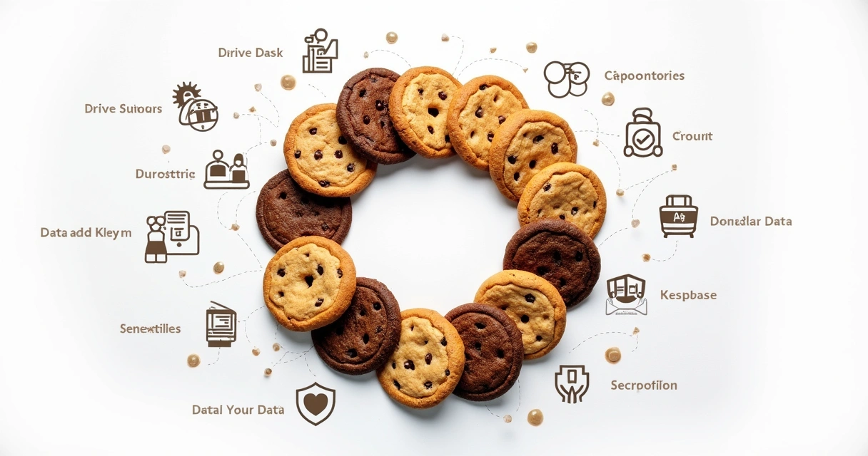 Cookies coloridos em close sobre fundo branco com ícones digitais em volta 