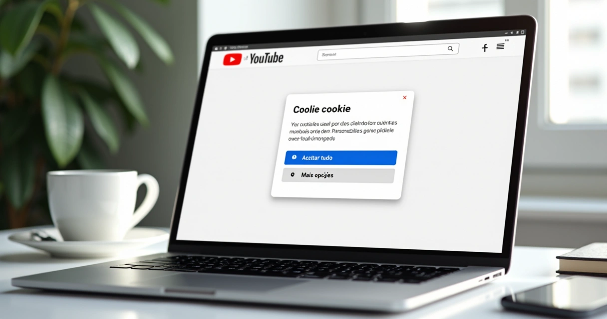 Tela do YouTube com aviso de cookies e opções de privacidade em destaque 