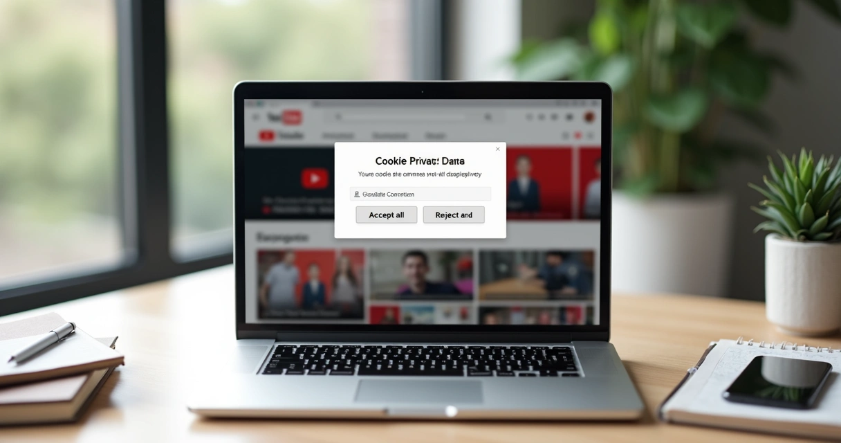 Tela de notebook mostrando aviso de cookies do YouTube com opções aceitar rejeitar e personalizar 