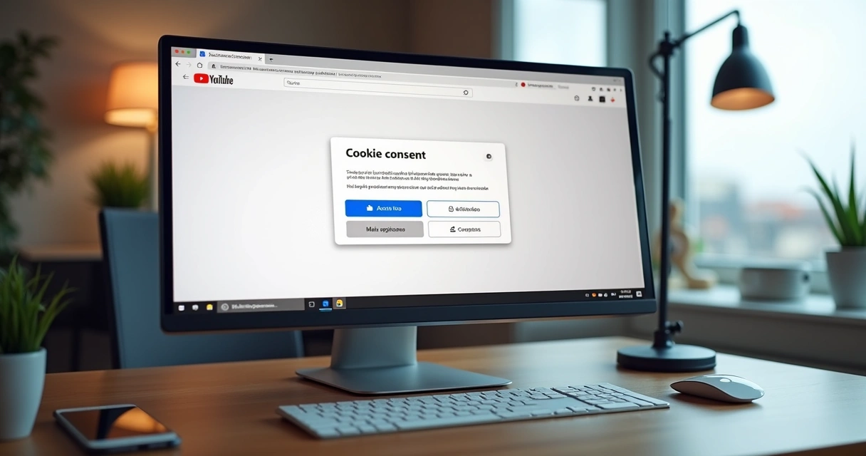 Tela de computador exibindo o YouTube com destaque para aviso de cookies e opções de privacidade 